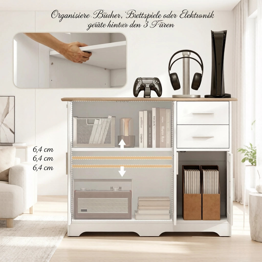 MADIA con 2 Cassetti e 2 Ante 100x40x78 cm Bianco Effetto Legno Naturale