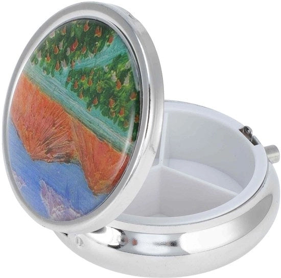 Porta medicine 3-facciate - Contenitore portatile per medicine - Materiale metallico duraturo - Con specchio - Organizzatore per medicine/oggetti personali - Chiusura a molla affidabile - Contenitore per medicine