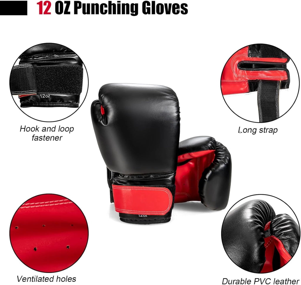 Set sacco da boxe con guantoni da boxe da 12 oz, sacco da boxe, sacco da boxe con gancio da soffitto, chiusura lampo, set da 29 kg per adulti