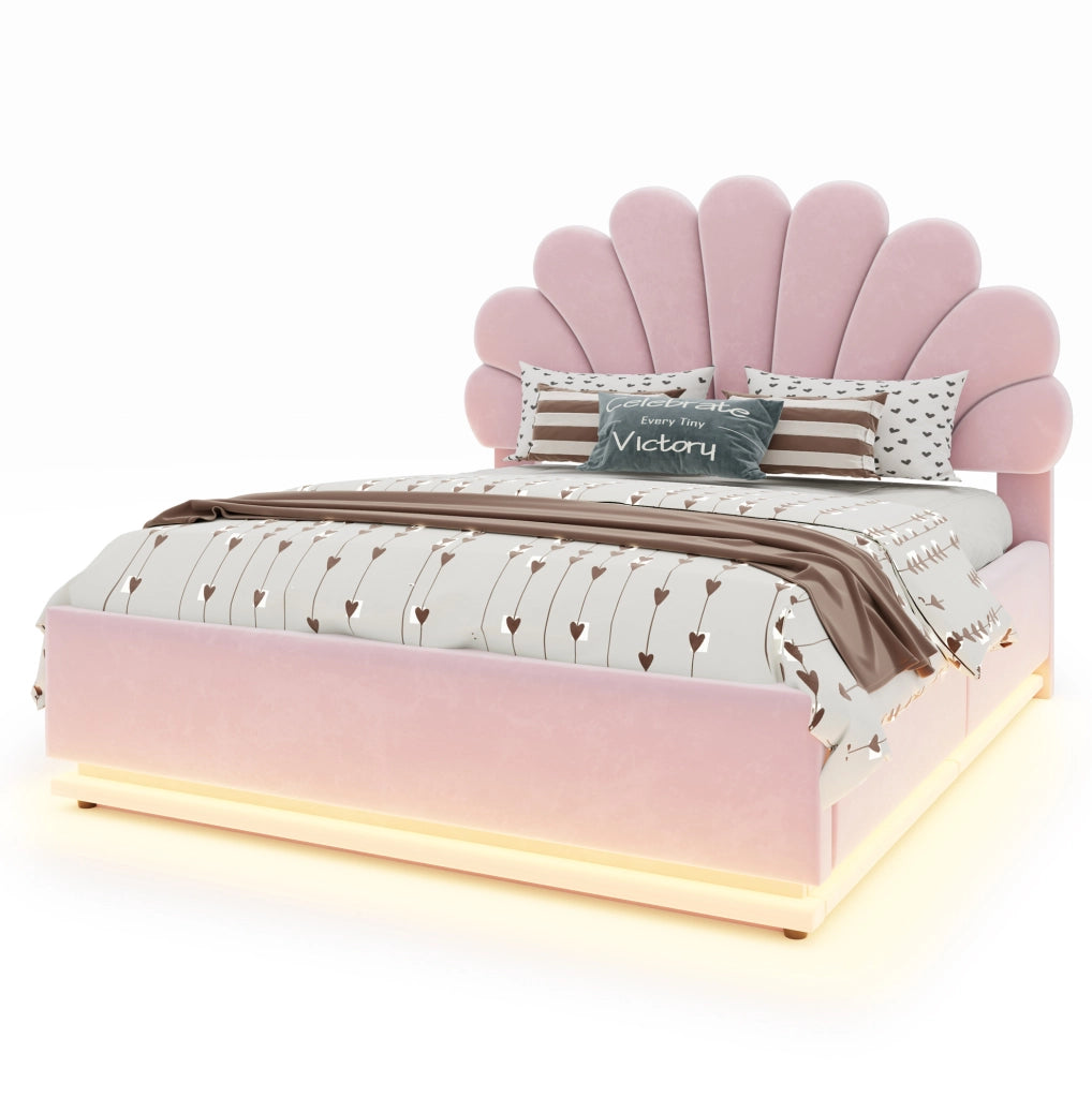 Letto imbottito 140x200 cm in velluto rosa con contenitore; testiera floreale e LED