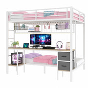 LETTO A CASTELLO 140x200 cm Metallo Bianco con Scrivania, Cassetti e LED