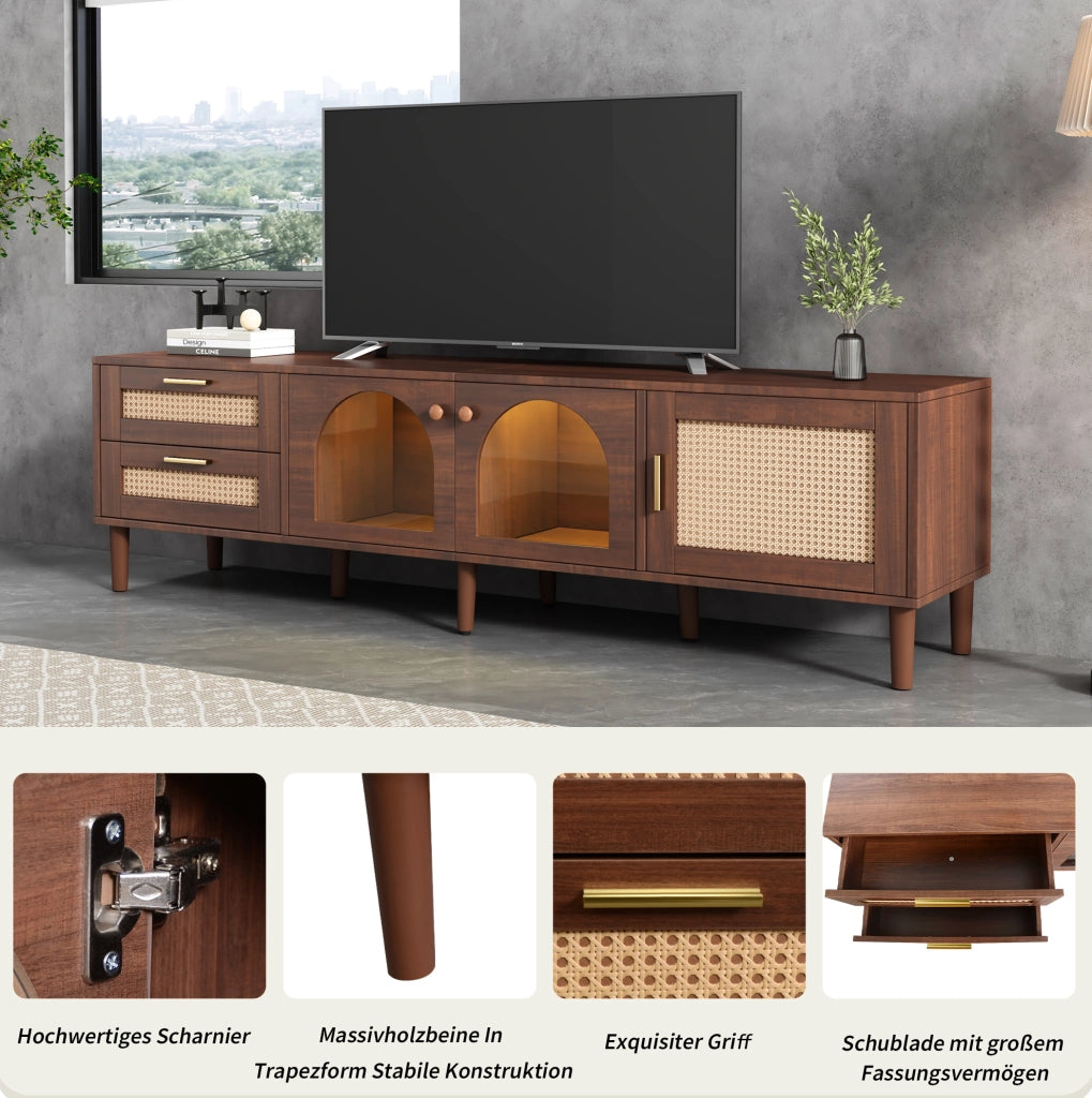 Mobile TV marrone 180 cm con LED, ante in vetro e rattan