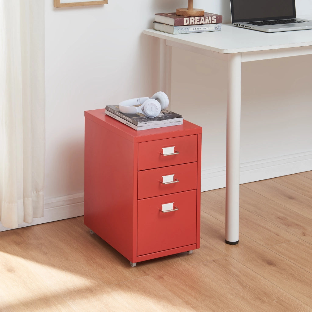 Cassettiera Kökar in Acciaio Mobile Archivio con 3 Cassetti e Rotelle - Rosso [en.casa]