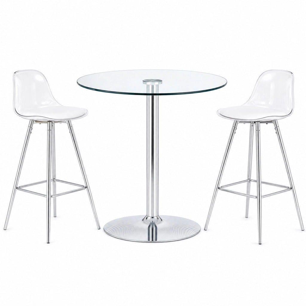 Set bar con tavolo rotondo in vetro Ø89 cm e 2 sgabelli con schienale trasparente