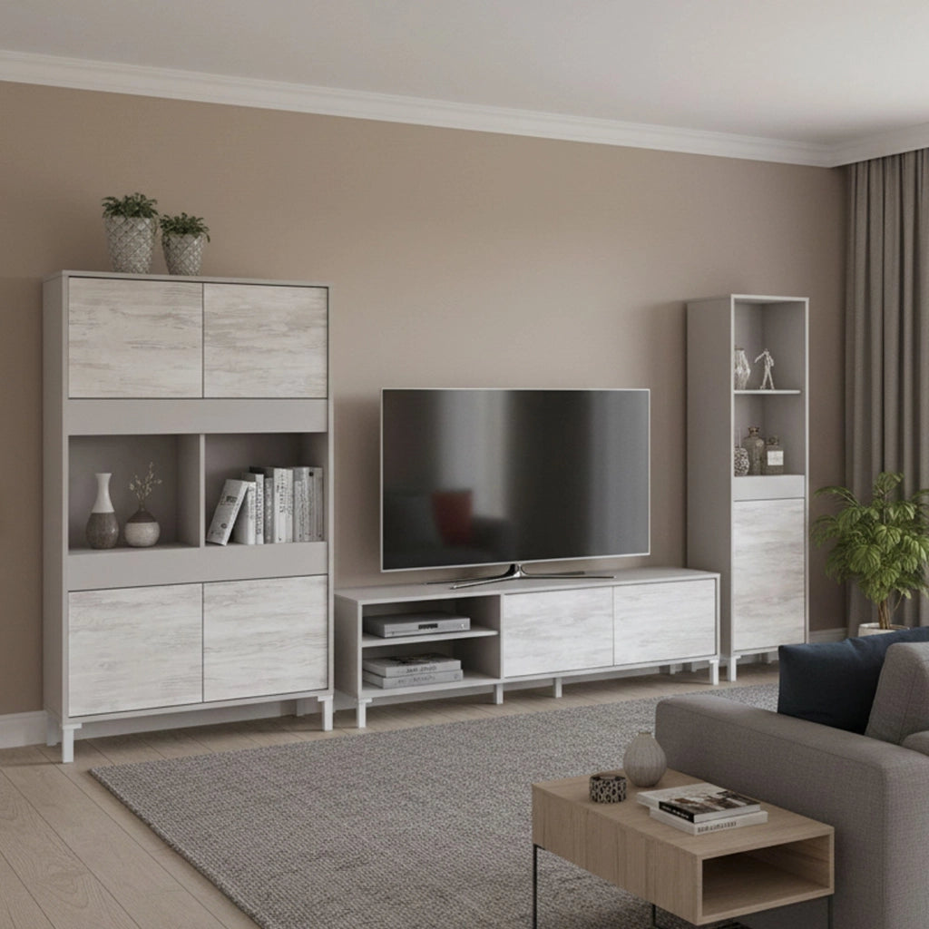 Nibionno, set Mobili da Soggiorno Modulabile, Beige Chiaro