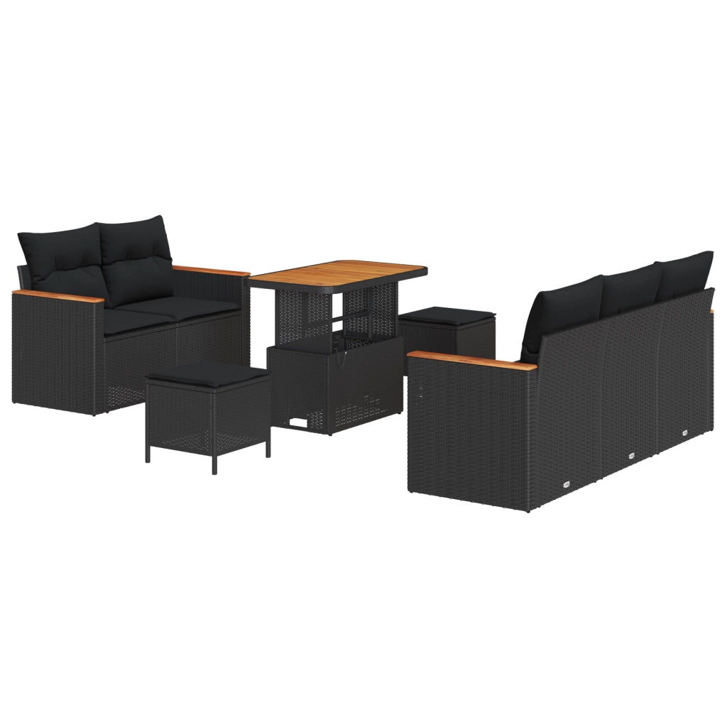 Set Divano da Giardino 8 Pezzi con Cuscini Nero Polyrattan Acacia