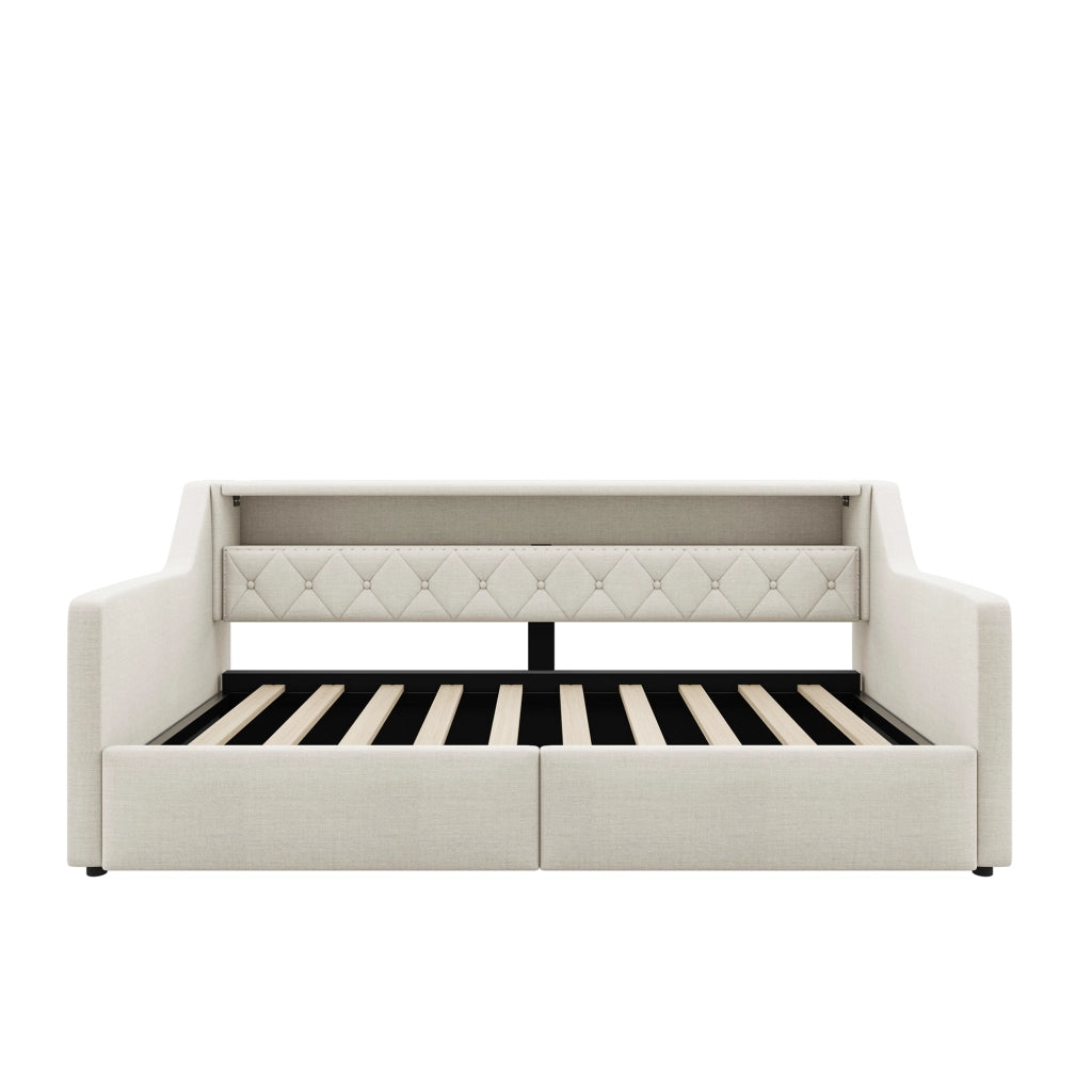 Letto singolo 90x200 cm con contenitore idraulico; LED multicolore e prese USB; tessuto beige