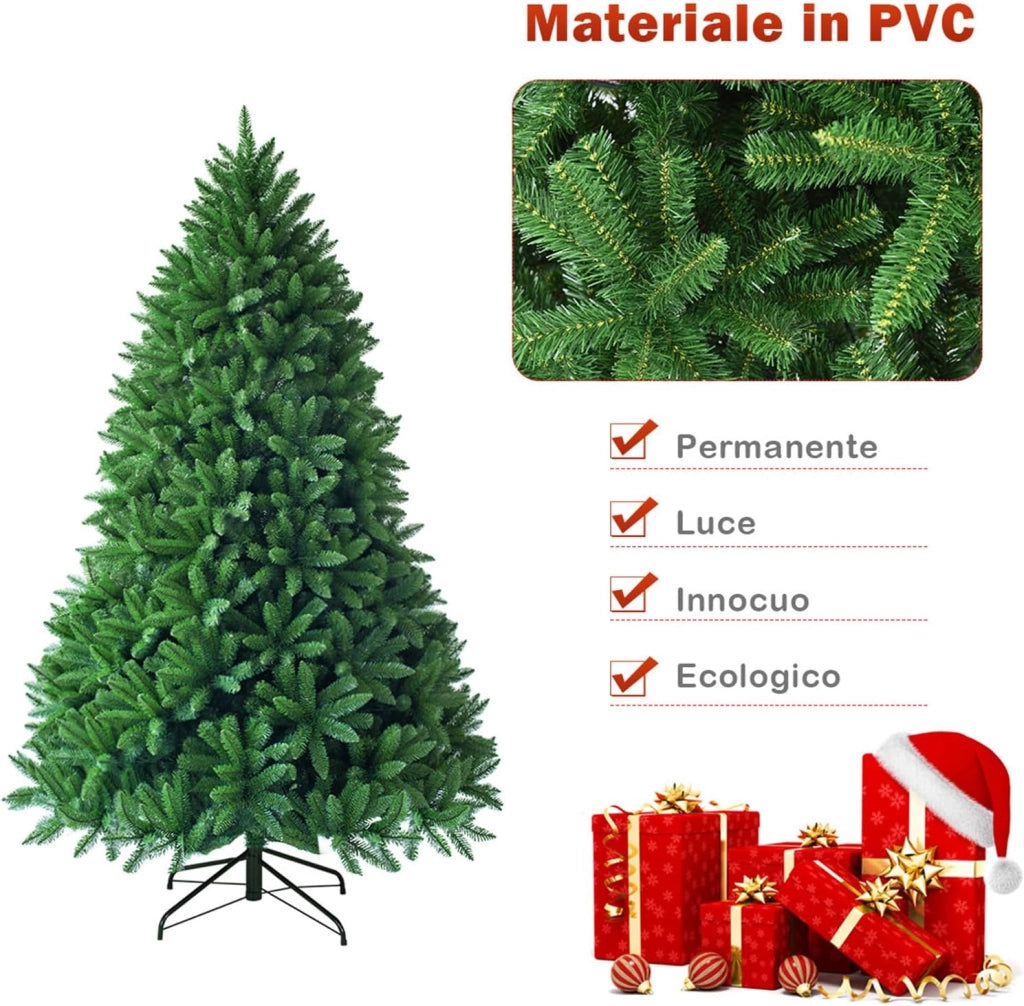 Albero di Natale Artificiale 150/180/225 cm, Albero di Natale con 600/1250/1968 Rami e Supporto in Metallo, Albero di Natale Realistico per Casa, Ufficio e Negozio (150 CM)