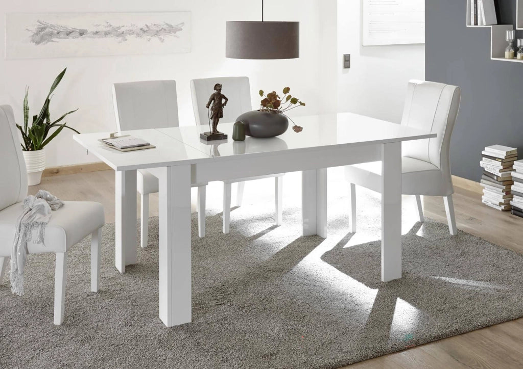 Tavolo allungabile Takumi, Consolle con allunghe, Tavolo da pranzo, Ripiano estensibile da cucina, Made in Italy, 137x90 h79 cm, Bianco lucido