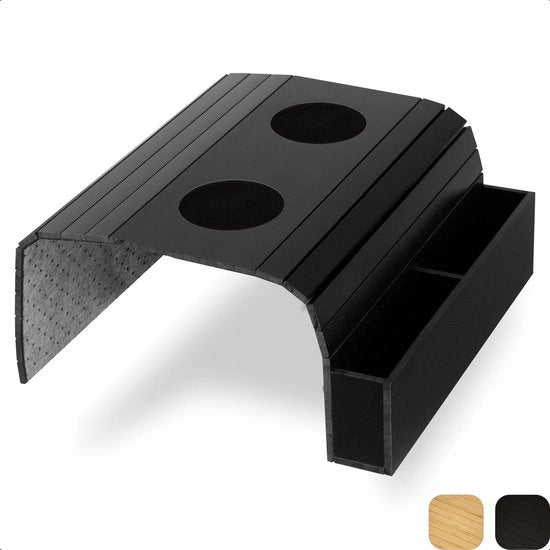 Sedia di Servizio in Bambù con Cassetto di Deposito e Porta Bevande - Tavolo di Pianale in Legno per Pianale e Divano - Nero