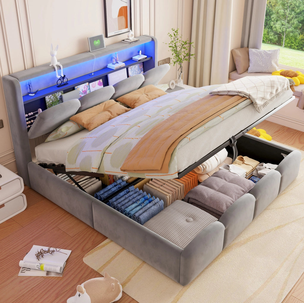 Letto matrimoniale imbottito 140x200 cm in velluto grigio con LED; USB e vano contenitore