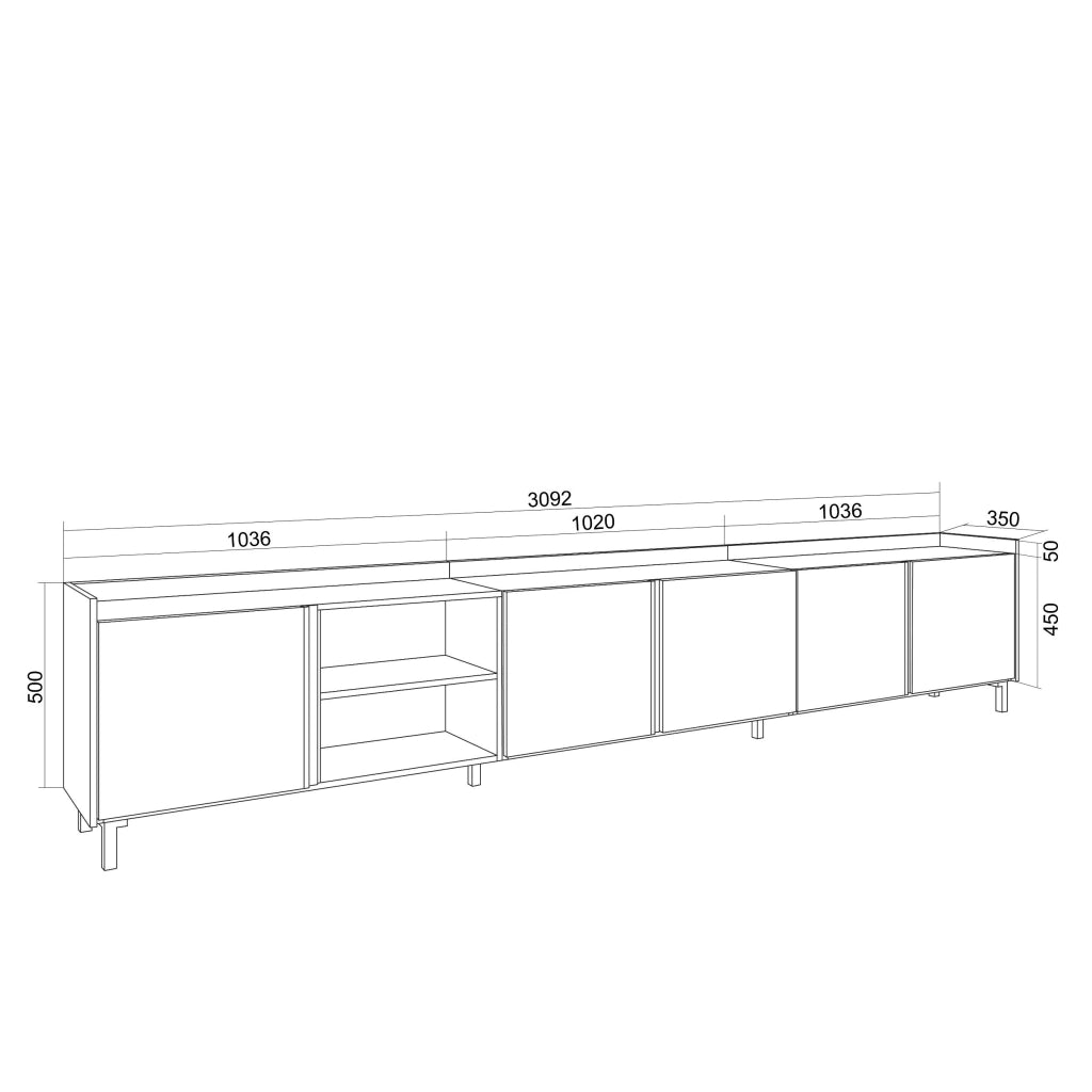 Mobile TV Soggiorno, 309x61x35 cm, Per TV fino a 80", Design industriale, LED, Beige