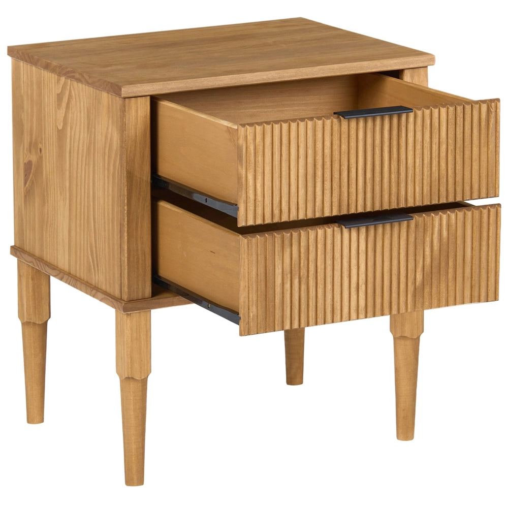 Comodino in legno di pino marrone chiaro con 2 cassetti, gambe in legno e frontali scanalati, per camera da letto