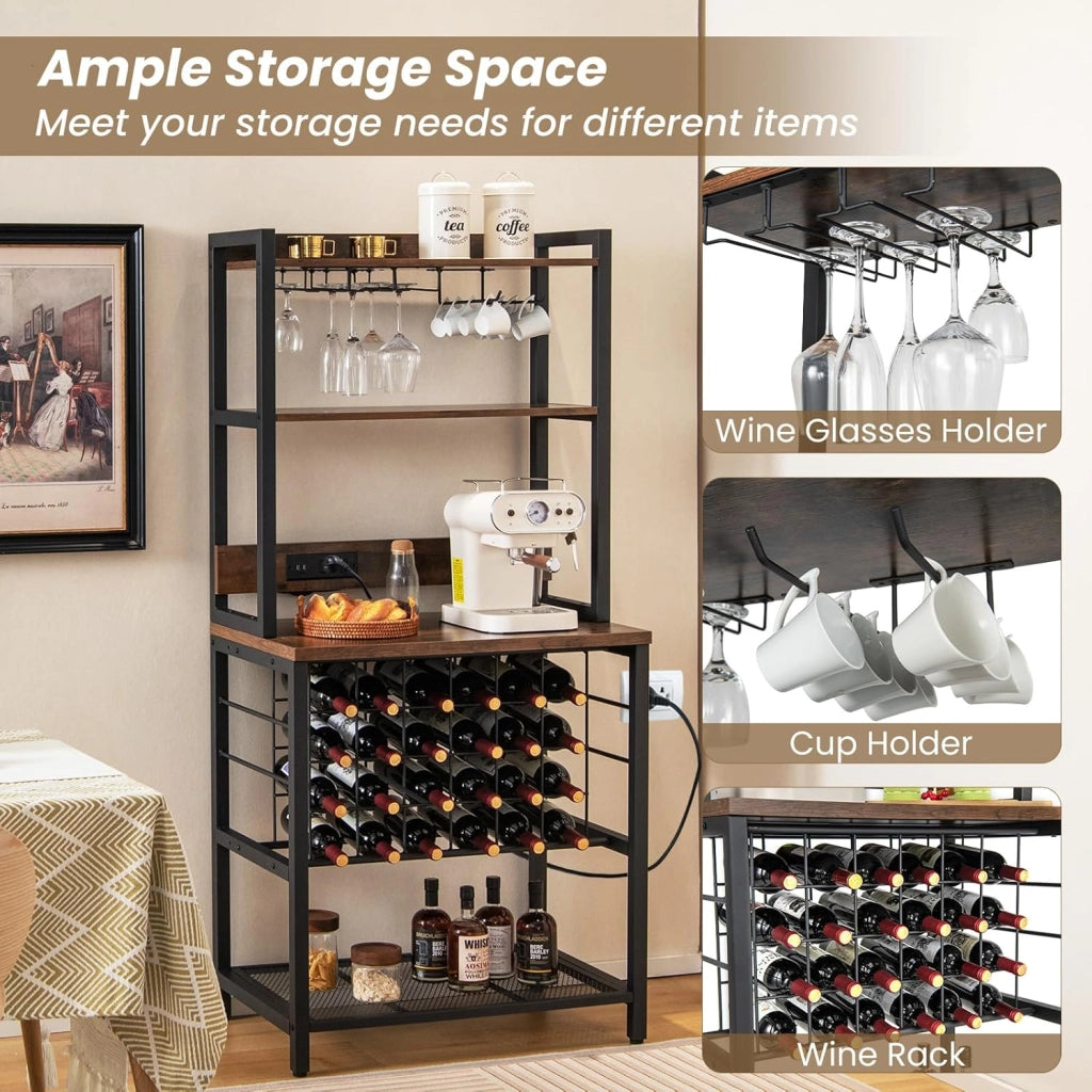 Scaffale Da Cucina Con Prese e Porte Usb, Armadietto Per Vino Con Supporto In Vetro Per 24 Bottiglie e 9 Bicchieri, Scaffale a 4 Livelli, 76 x 48 x 163 cm