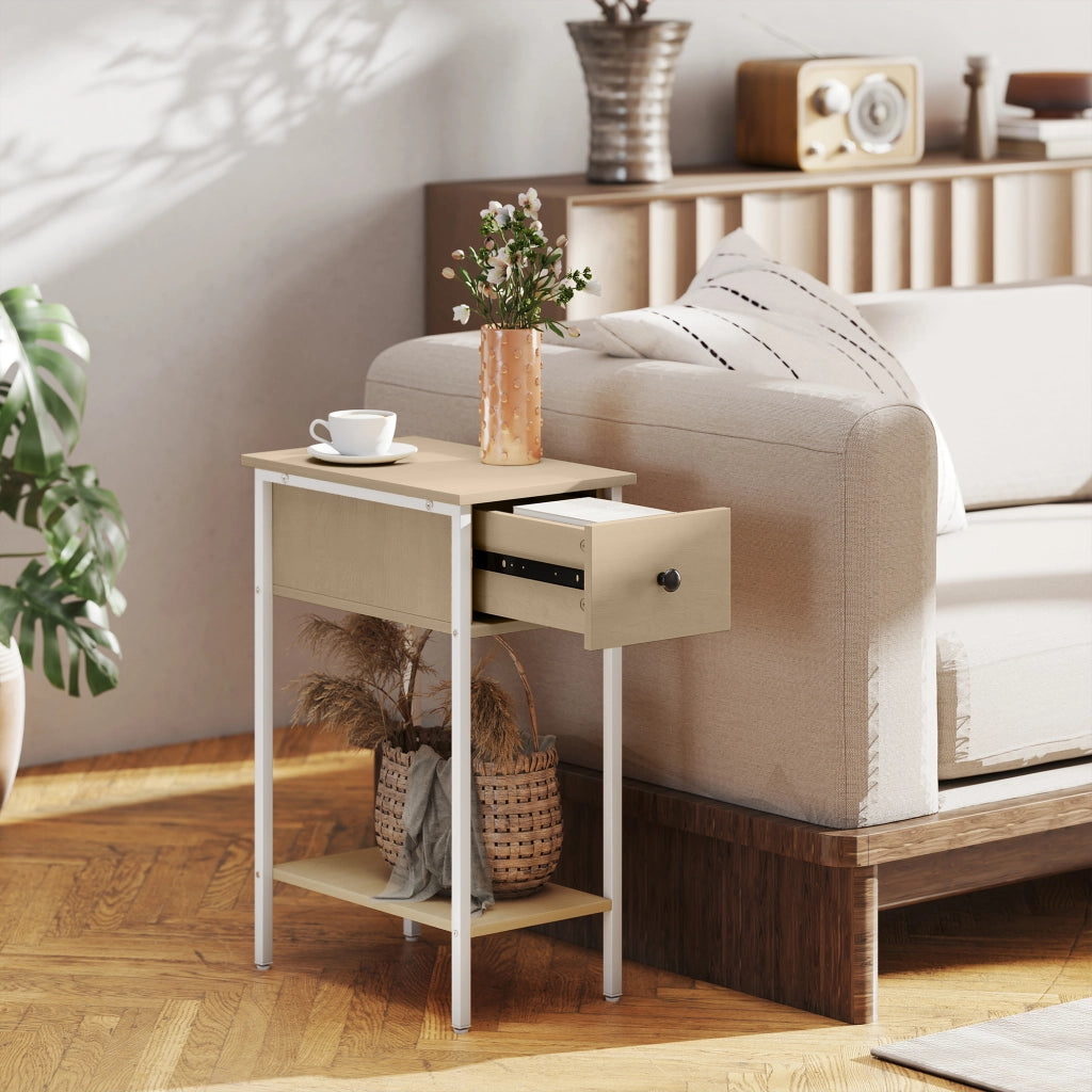 Tavolino con Cassetto e Ripiano Aperto ¨C Zephmum ¨C 25x39,8x58,2 cm Legno Naturale Metallo