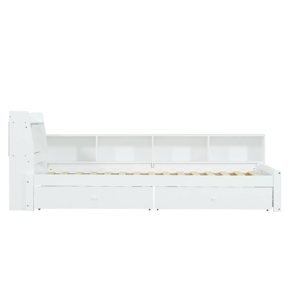 Letto singolo 90x200 cm bianco con luci, presa e cassetti