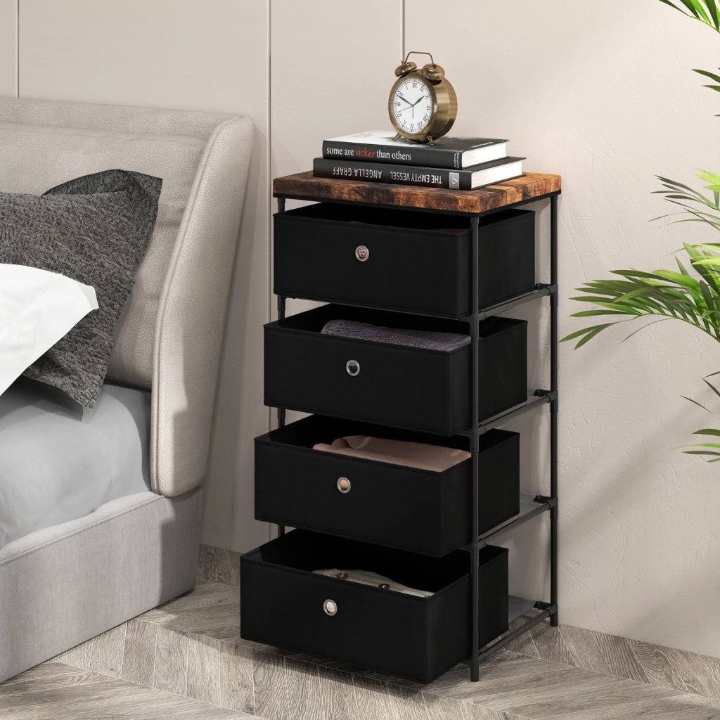 Cassettiera in tessuto con 4 cassetti e struttura robusta in metallo, Mobile a 4 livelli salvaspazio Nero-Cassettiere