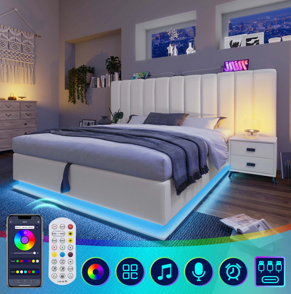 Letto matrimoniale contenitore 180x200 cm in PU bianco con LED 360掳; USB e tipo C