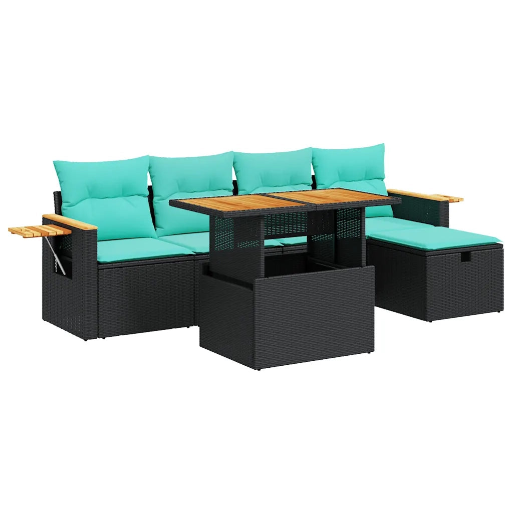 Set Divano da Giardino 6 pz con Cuscini Nero Polyrattan Acacia