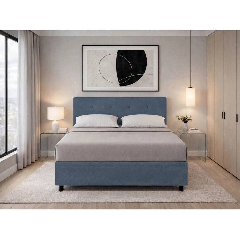 Letto imbottito Matrimoniale 160x190 cm Button - Contenitore,Microfibra,Blu