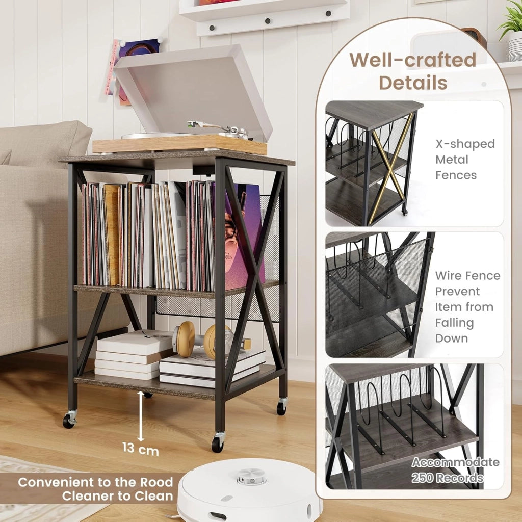 Supporto per Giradischi, Tavolo per Conservare Dischi in Vinile, Tavolo per Giradischi in Stile Mid-Century con Stazione di Ricarica, Ruote Bloccabili per Camera da Letto, Soggiorno (Grigio)