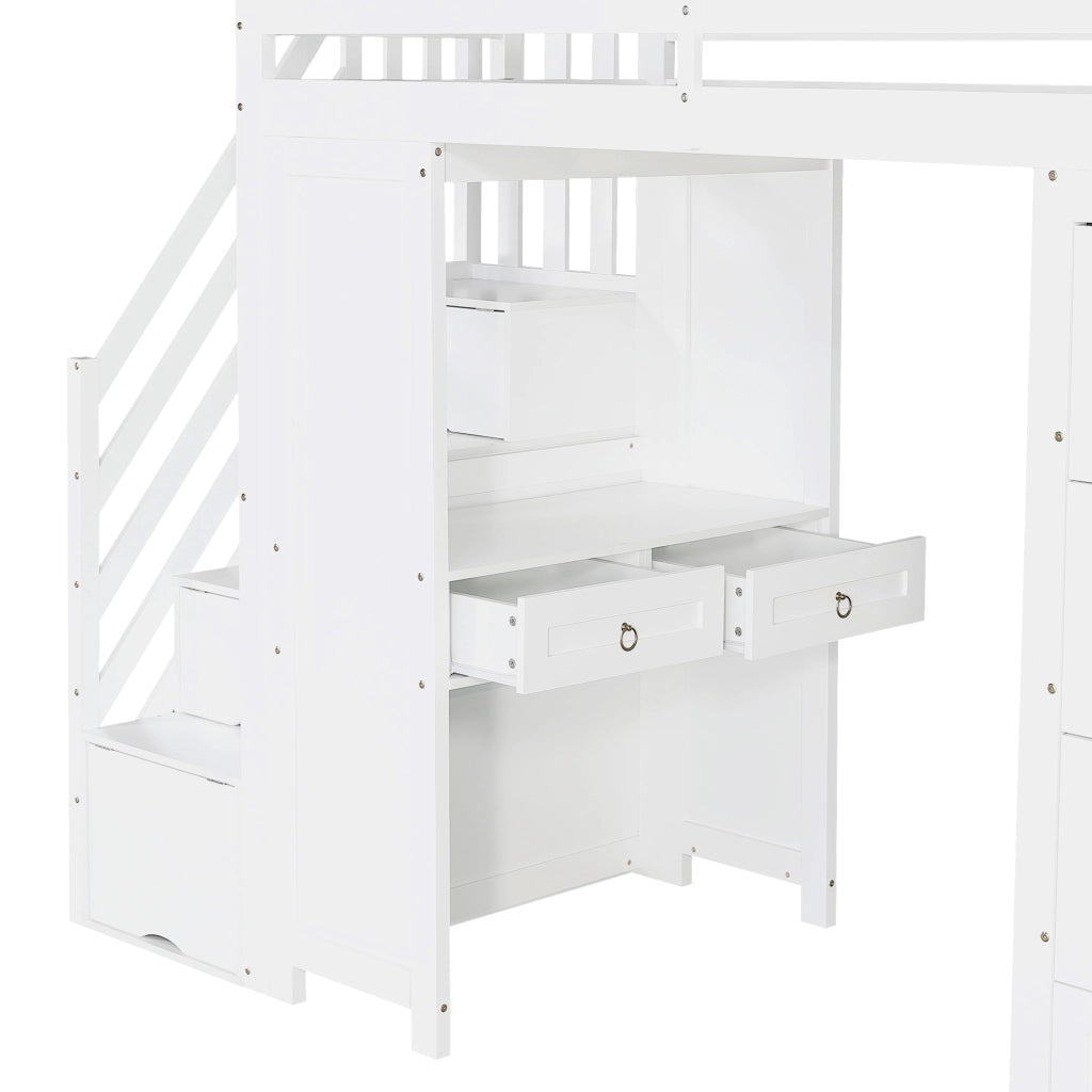 DESMIU Letto a soppalco per bambini 90 × 200 cm 1 posto con scrivania, 4 cassetti e ripiani, senza materasso, bianco