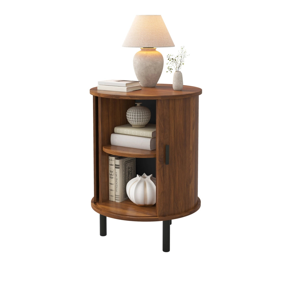 Mobiletto rotondo con anta scorrevole e ripiano interno; 48x48x65 cm; noce