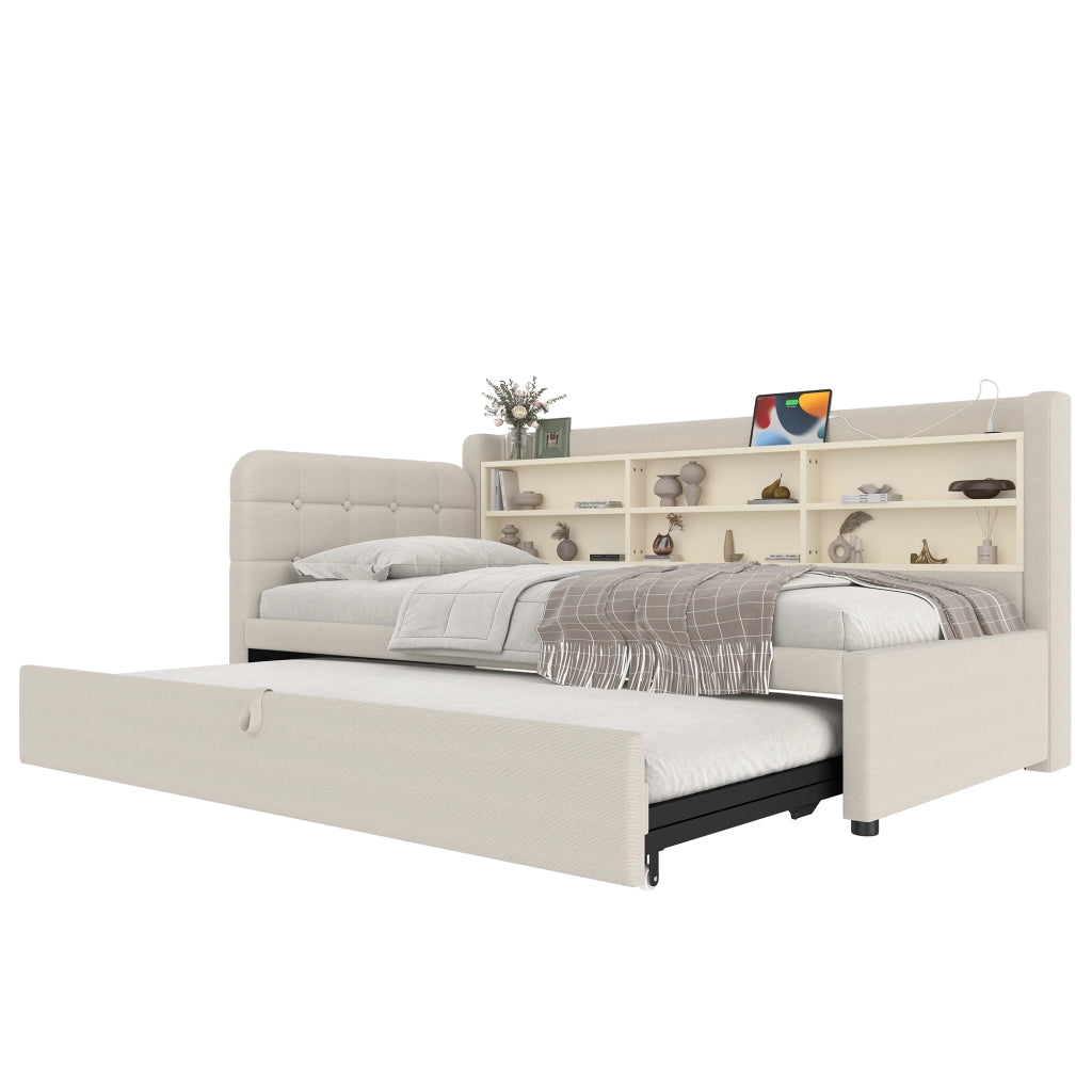 Letto estraibile singolo 90×200 cm e 90×189 cm con USB; Type-C e ripiani; senza materasso; lino; beige
