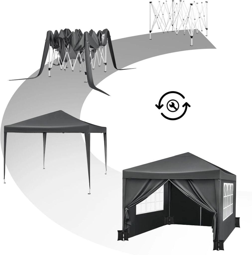 Gazebo da Giardino Richiudibile 3x3m Gazebo da Esterno in Ferro Regolabile in Altezza Tendone Pieghevole con Telo Idrorepellente,Set di 4 Sacchi di Sabbia, Facile da Montare Antracite
