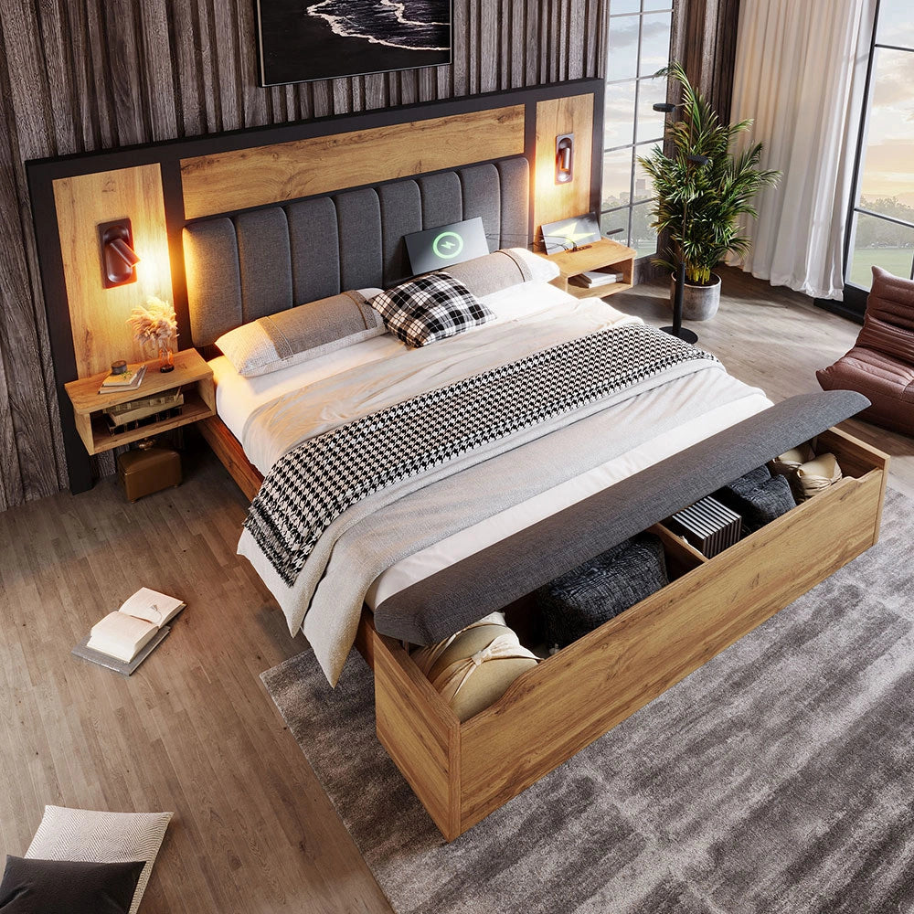 Letto matrimoniale con materasso - Xylo - 160x200 cm - Ch??ne - Luce lettura, USB-C, banquette