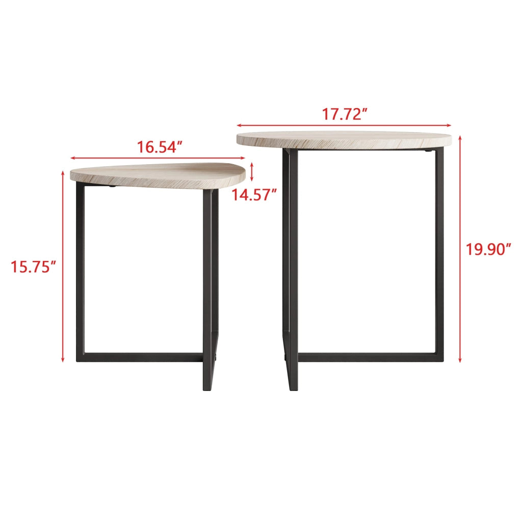 Tavolini bassi set 2 pezzi con piano a forma di cuore, per soggiorno, in truciolare e metallo, rovere americano