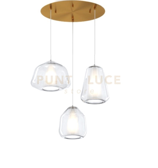 SOSPENSIONE OTTONE SAT. 3 LUCI TONDA VETRI ALPHA + BETA + GAMMA TRASPARENTI 1176OS-S3 T ABG-TR