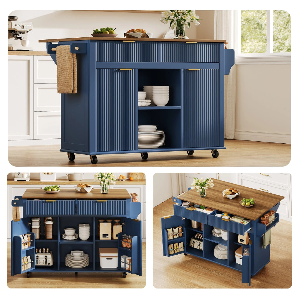 Carrello da cucina con 2 cassetti; 2 ante; ripiani laterali; porta asciugamani e piano ribaltabile per cucina