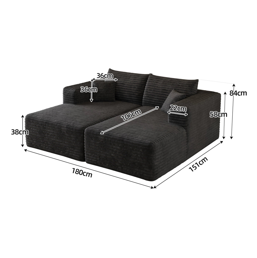 Divano modulare con chaise longue nero in tessuto a coste; senza montaggio
