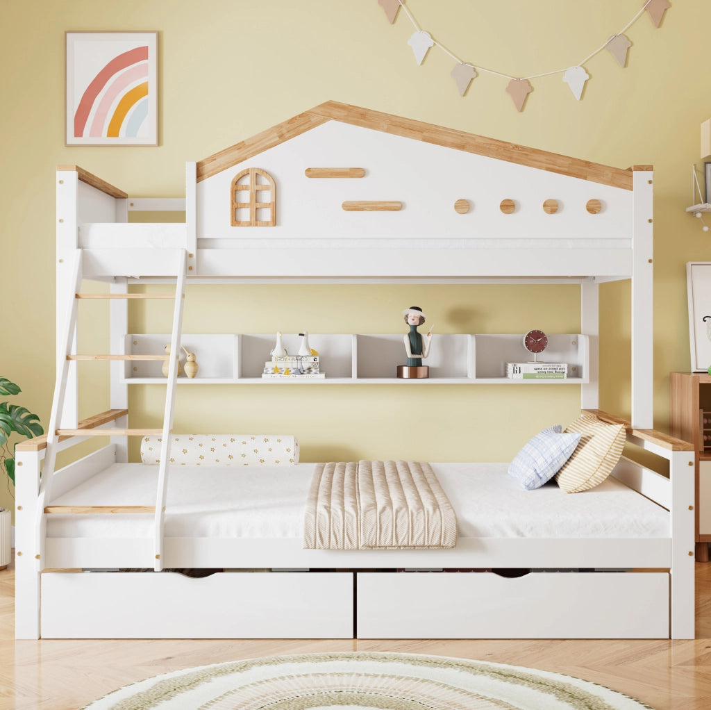 Letto a castello 90x200 cm e 140x200 cm con finestre; scala a 4 gradini e cassetti; bianco naturale