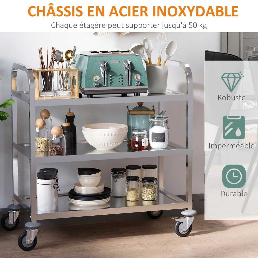 Carrello da cucina a rotelle con 3 ripiani ¨C zephmum ¨C acciaio inossidabile, 90.5x50.5x88.2 cm, argento