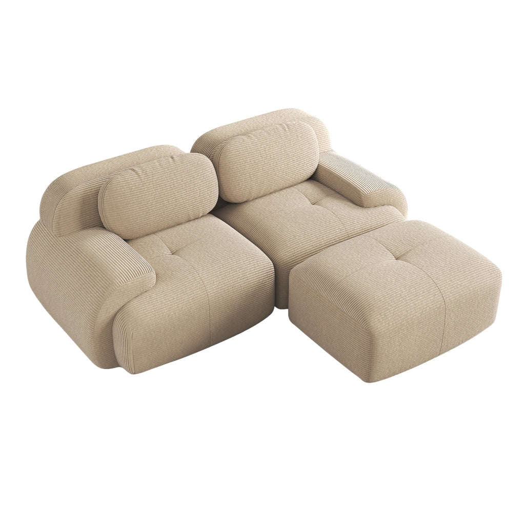 Divano angolare modulare senza montaggio; in schiuma 32D; braccioli curvi; tessuto a coste beige