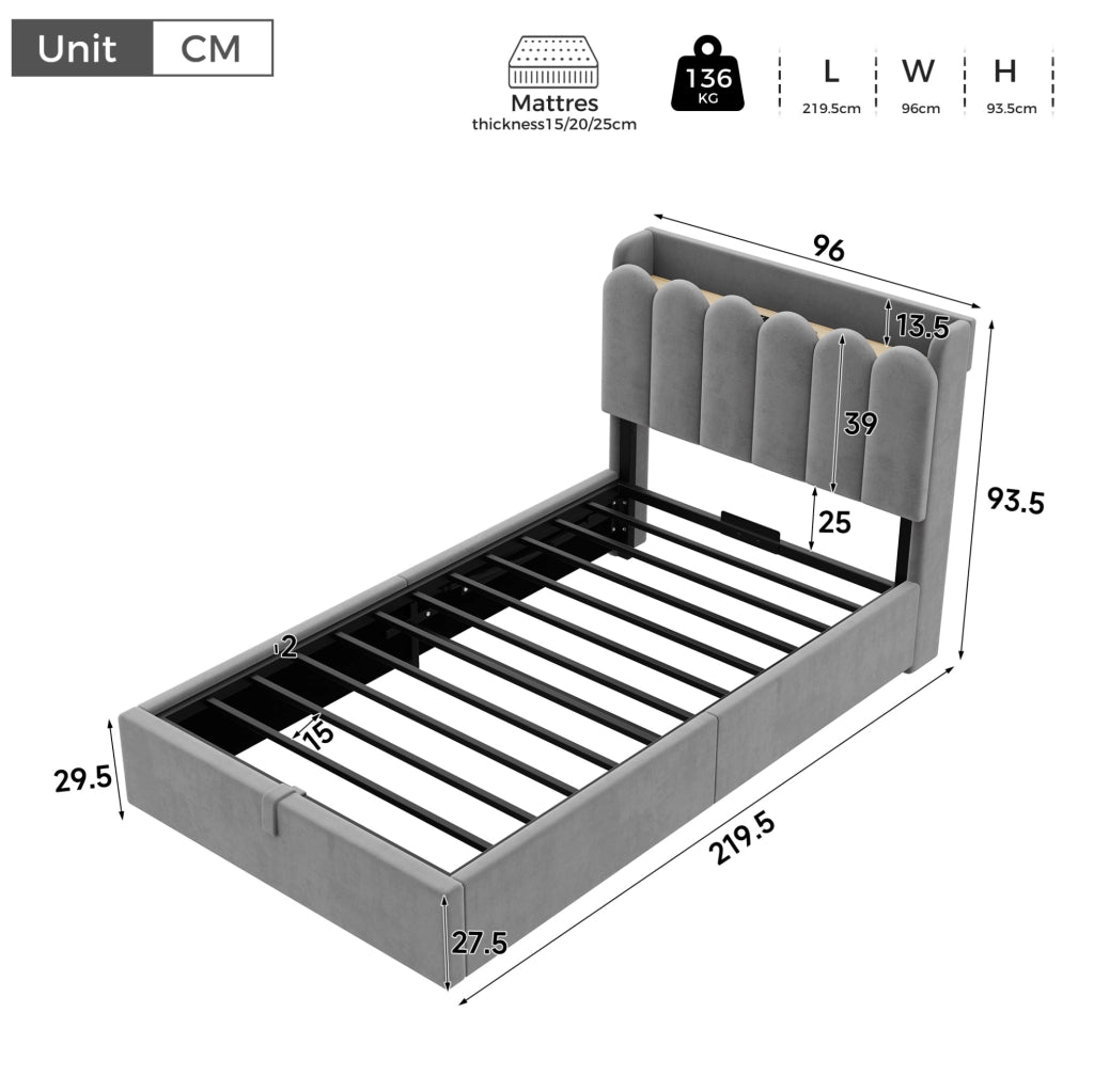 Letto per bambini in velluto grigio con contenitore, rete e luce