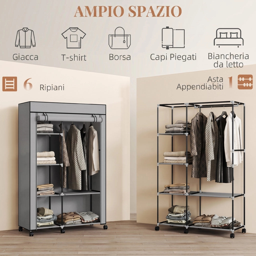 Armadio Portatile 103x43x162,5 cm con Ruote 6 Ripiani Aperti in Tessuto non Tessuto e Acciaio Grigio Chiaro