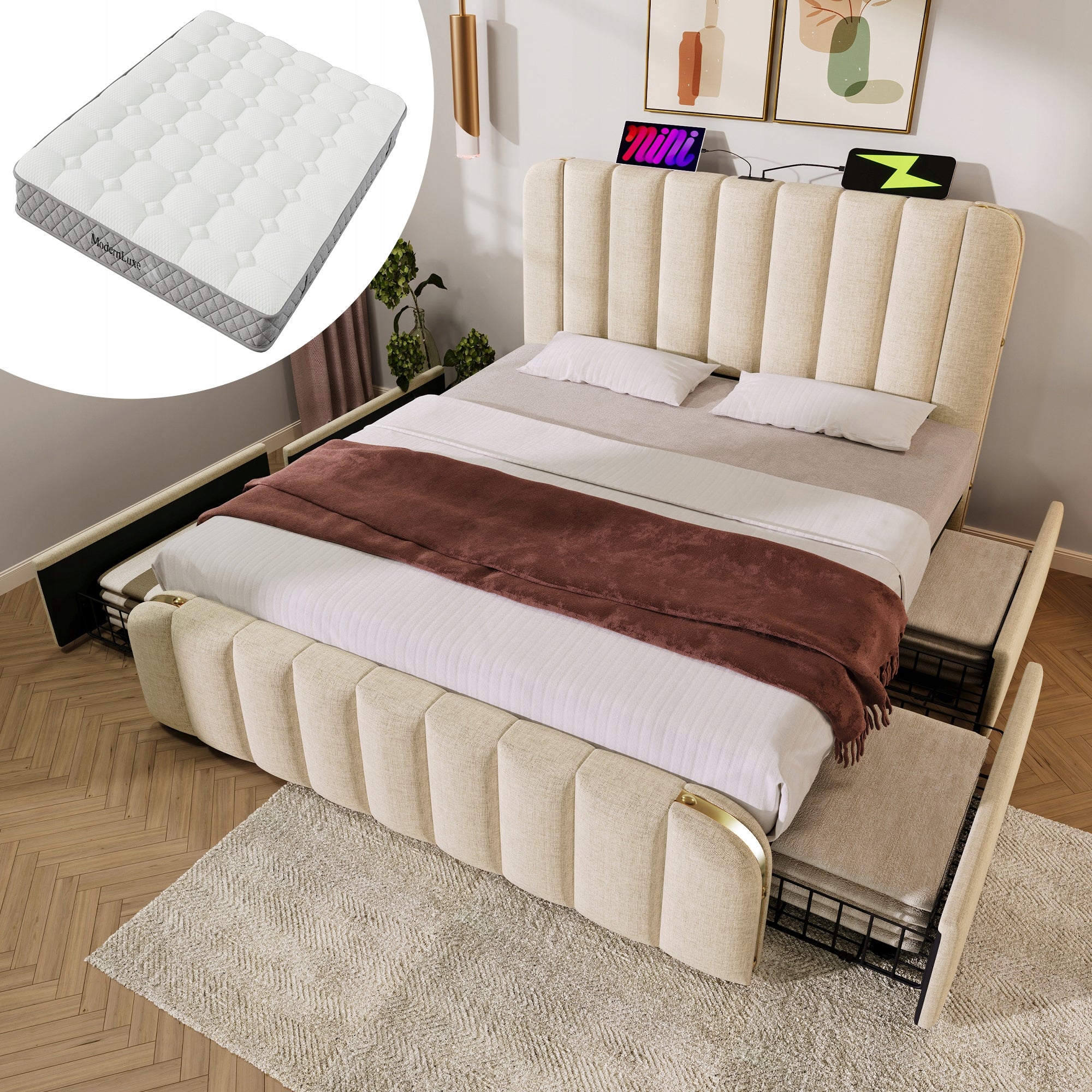 Letto imbottito 180x200 - Xylo - 4 cassetti, USB-C, con materasso