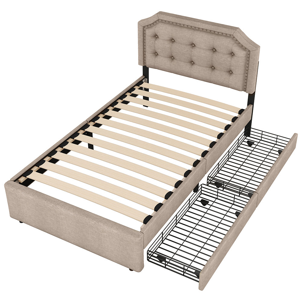 Letto singolo imbottito con 2 cassetti - Xylo - 90x200 cm - Beige scuro - Rivetti decorativi