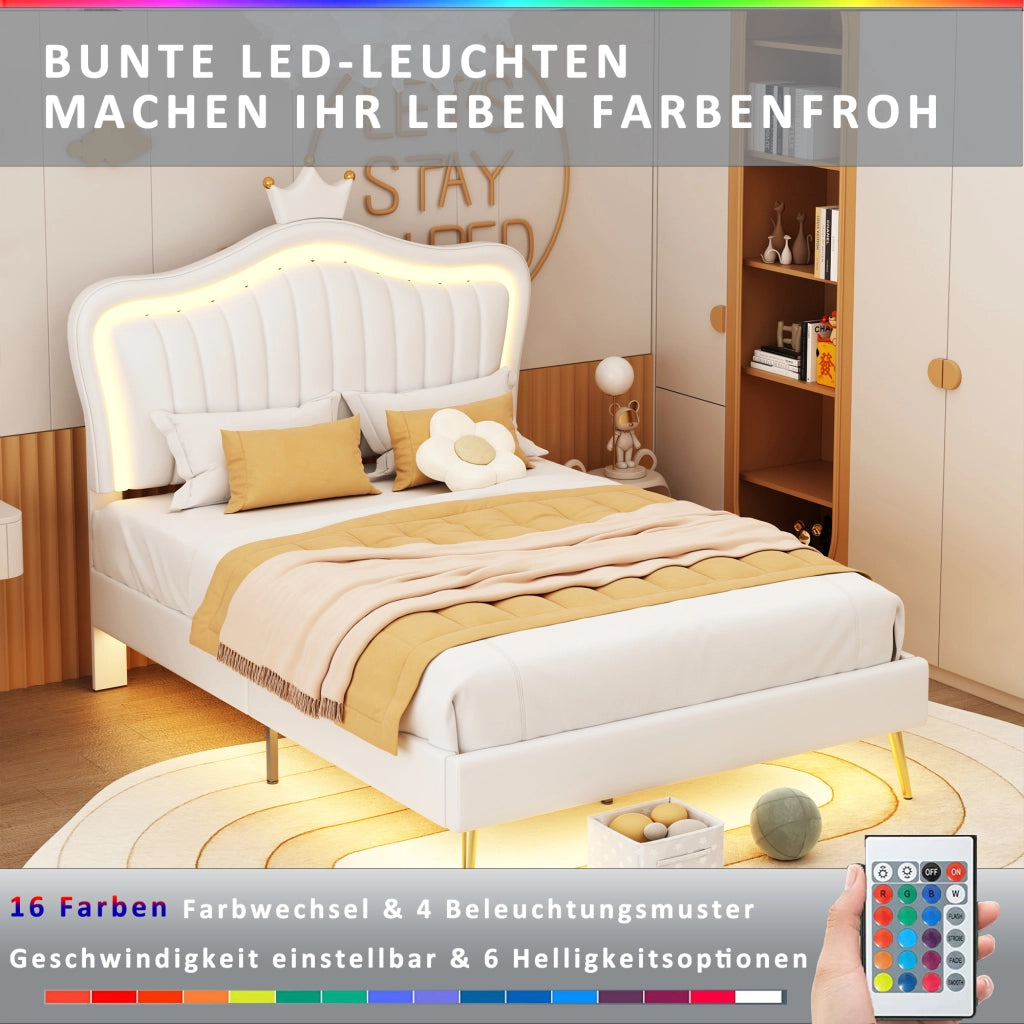 Letto bambino imbottito – 90x200 cm – LED testiera corona – PU bianco