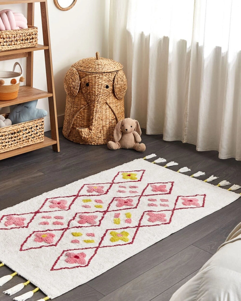 Tappeto in cotone multicolore con motivo geometrico e nappe 80 x 150 cm camera da letto soggiorno