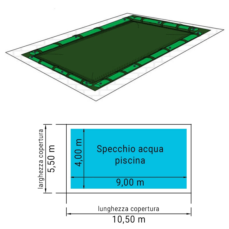 Copertura 10,50 X 5,50 M Invernale 240 Gr/m² Per Piscina 9,00 X 4,00 M Con Portasalamotti E 32 M Di Salamotti