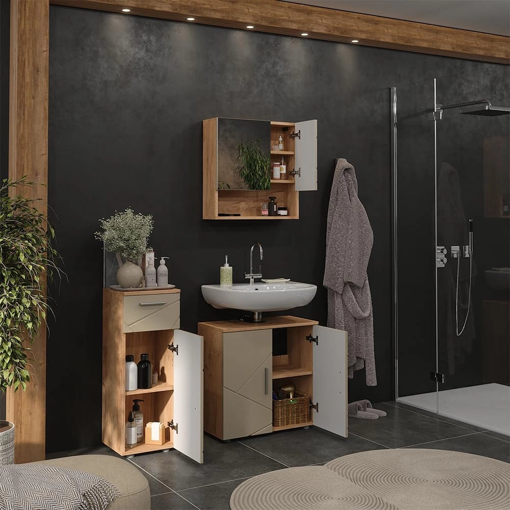 Set di mobili da bagno Irma, Beige, 60 cm, composto da mobile sottolavabo, specchiera e mobile medio