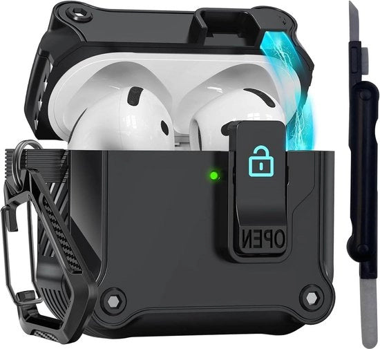 Caspothub per AirPods 4 Gen (2024) con USB-C - chiave e pennello per pulizia - protezione antifurto resistente - apertura automatica serie - nero