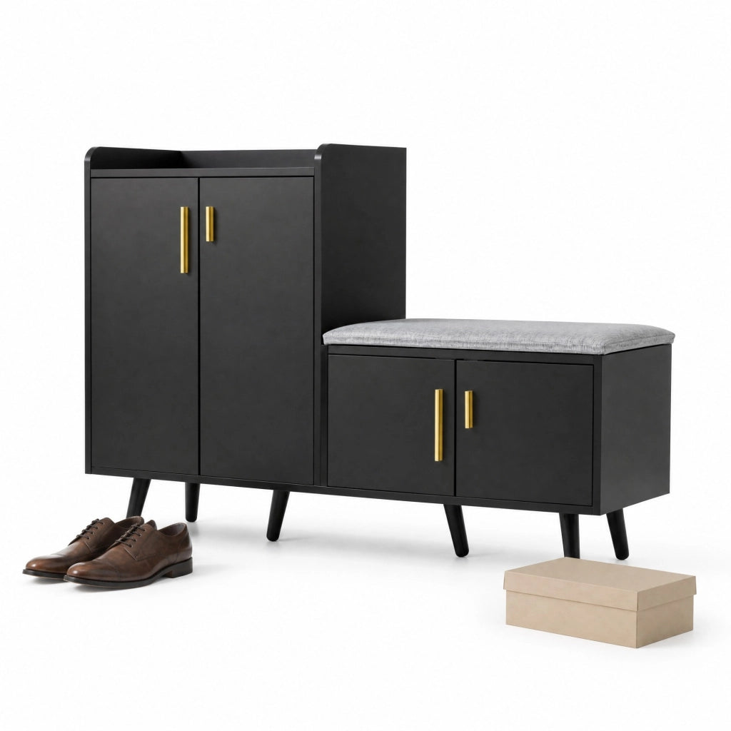 Scarpiera con seduta imbottita 120x34x82 cm in truciolare e metallo; nero e noce scuro
