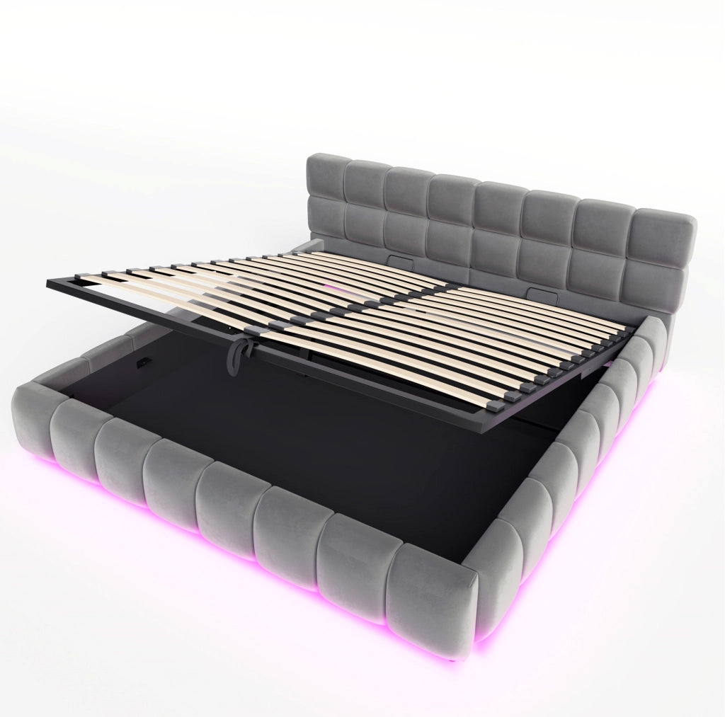Letto matrimoniale imbottito 160x200 cm in velluto grigio con LED e contenitore idraulico