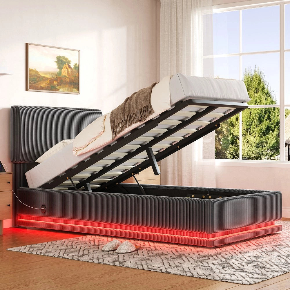 Letto Imbottito con LED, USB-C, Testiera Regolabile e Contenitore ¨C MINIMAL ¨C Velluto a Coste, 90x200, Grigio