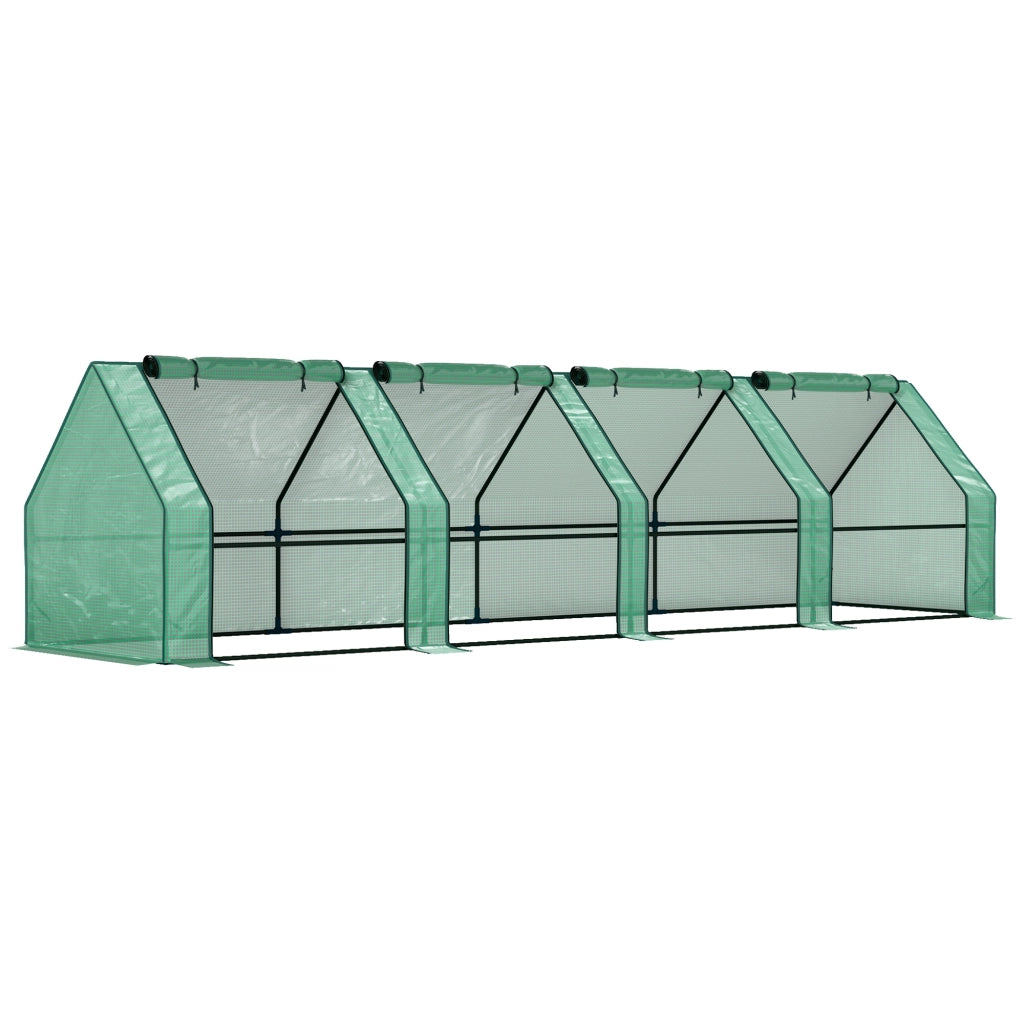 Mini Serra da Giardino 360x90x90 cm a 4 Porte Arrotolabili con Copertura Allungata in Acciaio e PE Verde